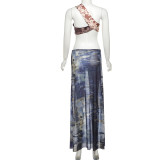 Sexy Mesh Print Slash Shoulder Split Maxi Dress XEF-K25D67364