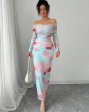 Print Off Shoulder Long Sleeve Maxi Dress GXIN-8853
