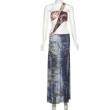 Sexy Mesh Print Slash Shoulder Split Maxi Dress XEF-K25D67364