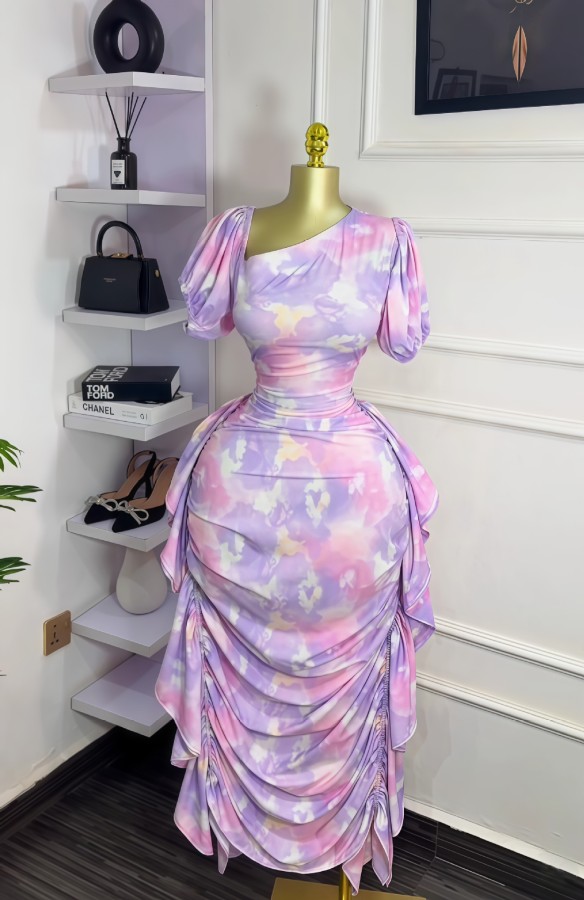 Puff Sleeve Slash Neck Ruffles Bodycon Dress GXIN-8859