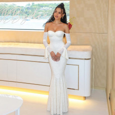 Off Shoulder Solid Color Long Dress XEF-K25D70786
