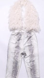 Fur Collar Backless Snake Print Seventh Pants Suit  MXBF-J25ST158