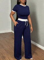 Short Sleeve Contrast Color Loose Two Piece Pants Set GYXF-6666