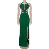 Knit Halterneck Backless Solid Color Maxi Dress BY-7407