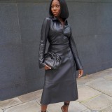 Long Sleeve Top And Long Skirts PU 2 Piece Set GXBQ-D8647