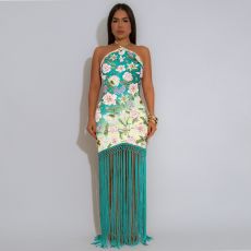 Print Backlesss Tassel Long Dress GTYZ-7581