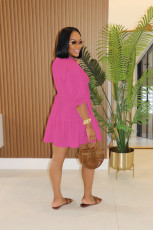 Solid color V-neck Puff Sleeve Pleated Dress GTYZ-7578