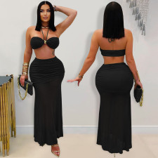 Sexy Wrap Chest Pleated Mesh Two Piece Skirts Set BY-7456