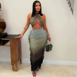 Gradient Print Wrap Chest Pleated Two-piece Skirts Set GTYZ-7571