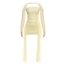 Solid Color Long Sleeve Pleated Mini Dress Suit(With Silk Scarf) DLSF-K25S74947