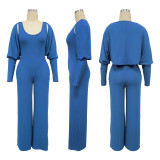 Long Sleeve Solid Color Tops+Jumpsuit 2 Piece Set YF-10794