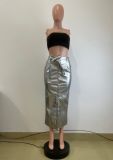 Split Half PU Leather Skirt(With Belt) QODY-6005
