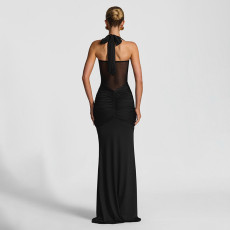 Mesh Patchwork Halterneck Maxi Dress GSLF-K25D76693
