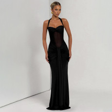 Mesh Patchwork Halterneck Maxi Dress GSLF-K25D76693