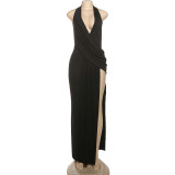 Halterneck Backless Split Maxi Dress GSLF-K24D77130