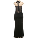Mesh Patchwork Halterneck Maxi Dress GSLF-K25D76693