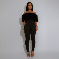 One Shoulder Fur Patchwork Jumpsuit CYA-901986