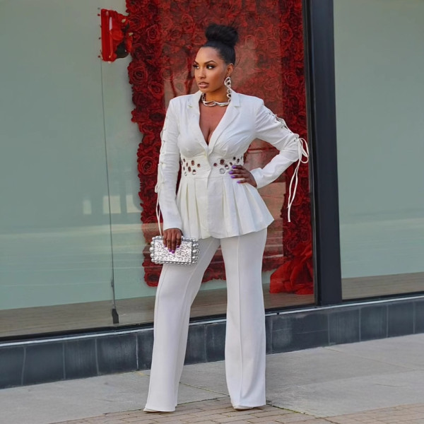 Plus Size Tie Up Solid Color Two Piece Pants Set NY-3712