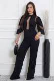 Mesh Patchwork Tie Up Wide Leg Jumpsuit OSM-4490