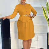 Plus Size Solid Color Press Pleated Midi Dress GATE-595