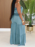 Solid Color Wrap Chest Denim Maxi Dress AIL-331