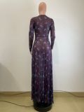 Mesh Print Long Sleeve Split Maxi Dress QODY-6067