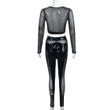 Sexy Mesh See Through Patchwork T Shirt Pant Suit GYHF-9075SD