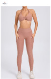 Halterneck Solid Tops Sport Yoga Pants Suit GQSA-74068/46442
