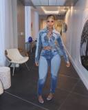 Contrast Color Long Sleeve Denim Two Piece Pants Set NYF-8196