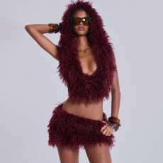 Deep V-neck Hooded Strapless Skirt Fur Set MXBF-J25ST219