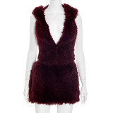 Deep V-neck Hooded Strapless Skirt Fur Set MXBF-J25ST219