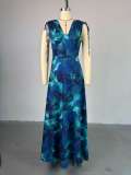 Print V Neck Drawstring Maxi Dress GMSF-9247