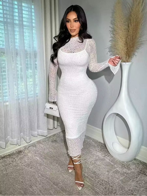Lace See Through Long Sleeve Dress+Sling Dress Suit  LSD-2520