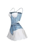 Satin Patchwork Sling Denim Short Skirt Set YRST-T139