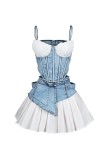Satin Patchwork Sling Denim Short Skirt Set YRST-T139