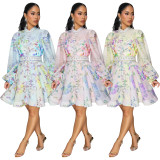 Printed Lantern Sleeve Mini Dress(With Belt) YF-10872