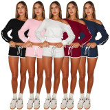 Slash Shoulder Tie Up Two Piece Shorts Set ASL-6803
