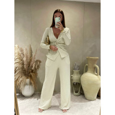 Jacquard Pleated V-neck Wide Leg Pants Set ASL-6807