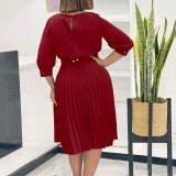 Plus Size Solid Color Pleated Midi Dress GMLF-3344