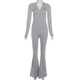 Solid Color V Neck Tight Flare Jumpsuit GYME-K25Q78481
