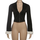Long Sleeve Zipper Deep V Neck Coats GYME-K25L77368