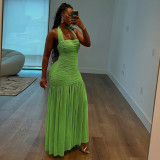 Halterneck Pleated Solid Maxi Dress GSLF-K25D79428