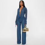 Deep V Neck See Through Micro Flare Pants Suit MXBF-J25ST273