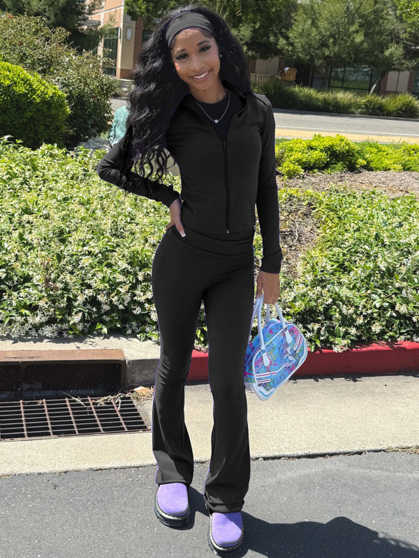 Solid Color Zipper Tops Micro Flare Pant Suit(With Headscarf) CH-25053