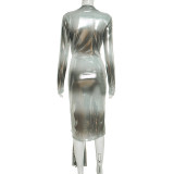 Print Deep V Neck Pleated Maxi Dress GSZM-J25DS300