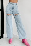 Chain Holes Washed Straight Jeans GSMF-ZC2025-2
