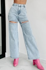 Chain Holes Washed Straight Jeans GSMF-ZC2025-2
