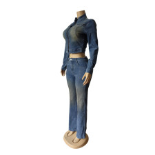 Fashion Denim Zipper Coat Two Piece Pants Set MEM-88662