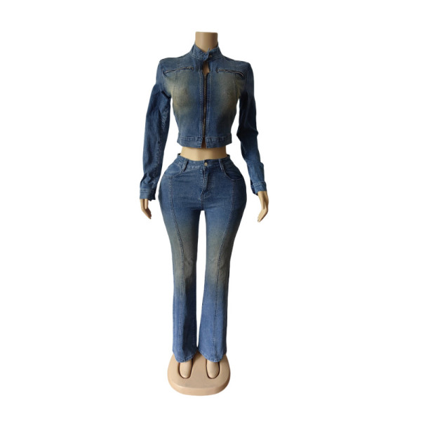 Fashion Denim Zipper Coat Two Piece Pants Set MEM-88662