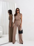 Solid Color Sleeveless Irregular Pants Suit SHD-9557